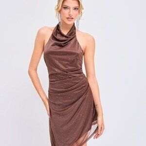Mesh Halter Neckline Glitter Ruched Mini Dress size xs